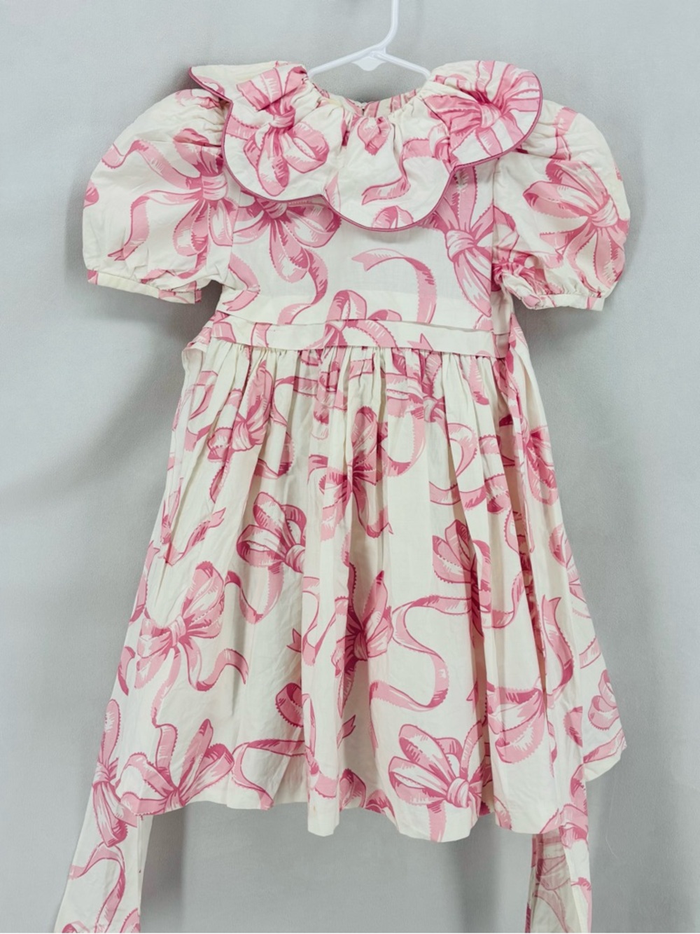 Vintage CVR Originals Girls Pink Bow Print Party Dress Size 5 Puff Sleeve Collar